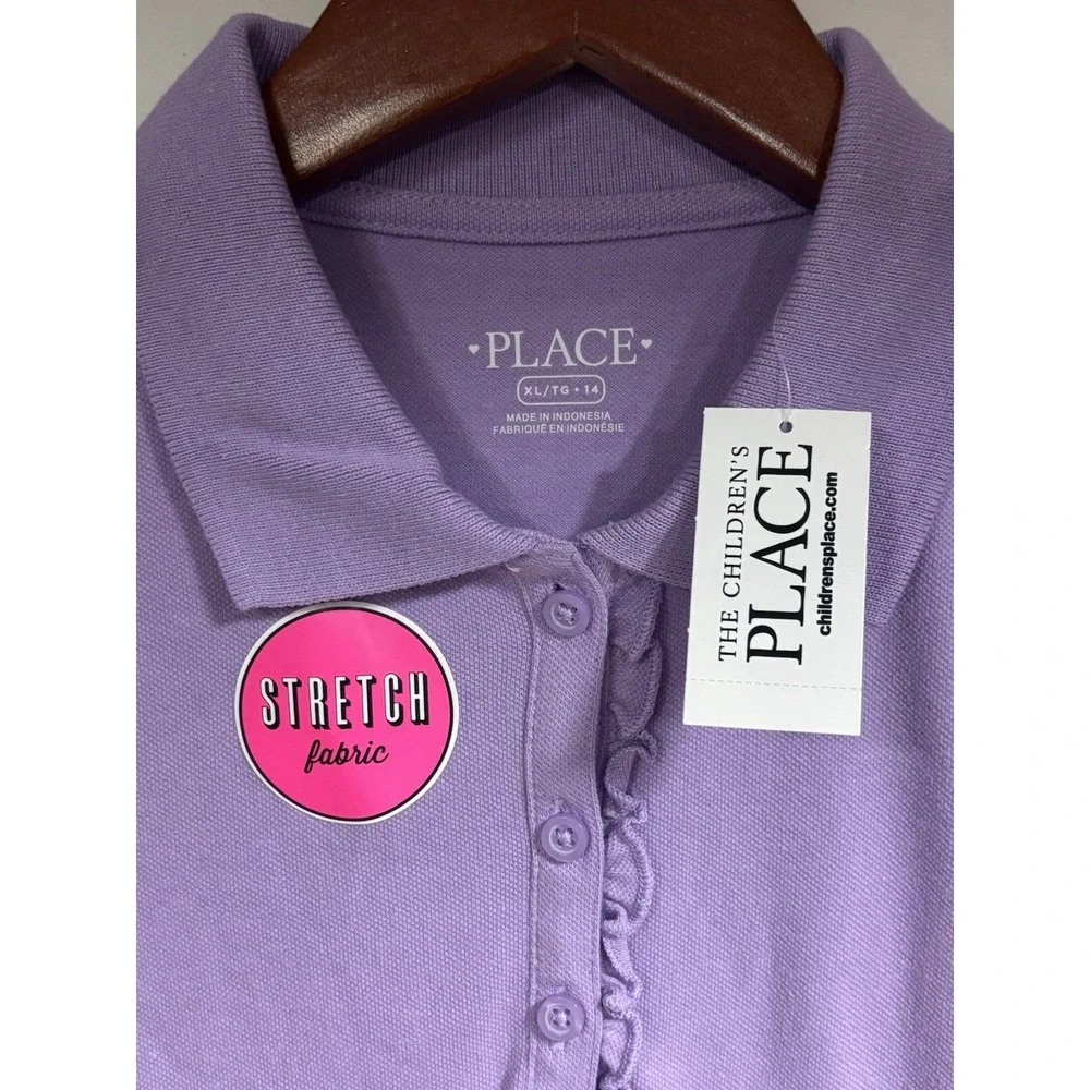The Children's Place Girls Purple XL 14 Knit Stretch Polo Shirt Ruffle Sleeve
